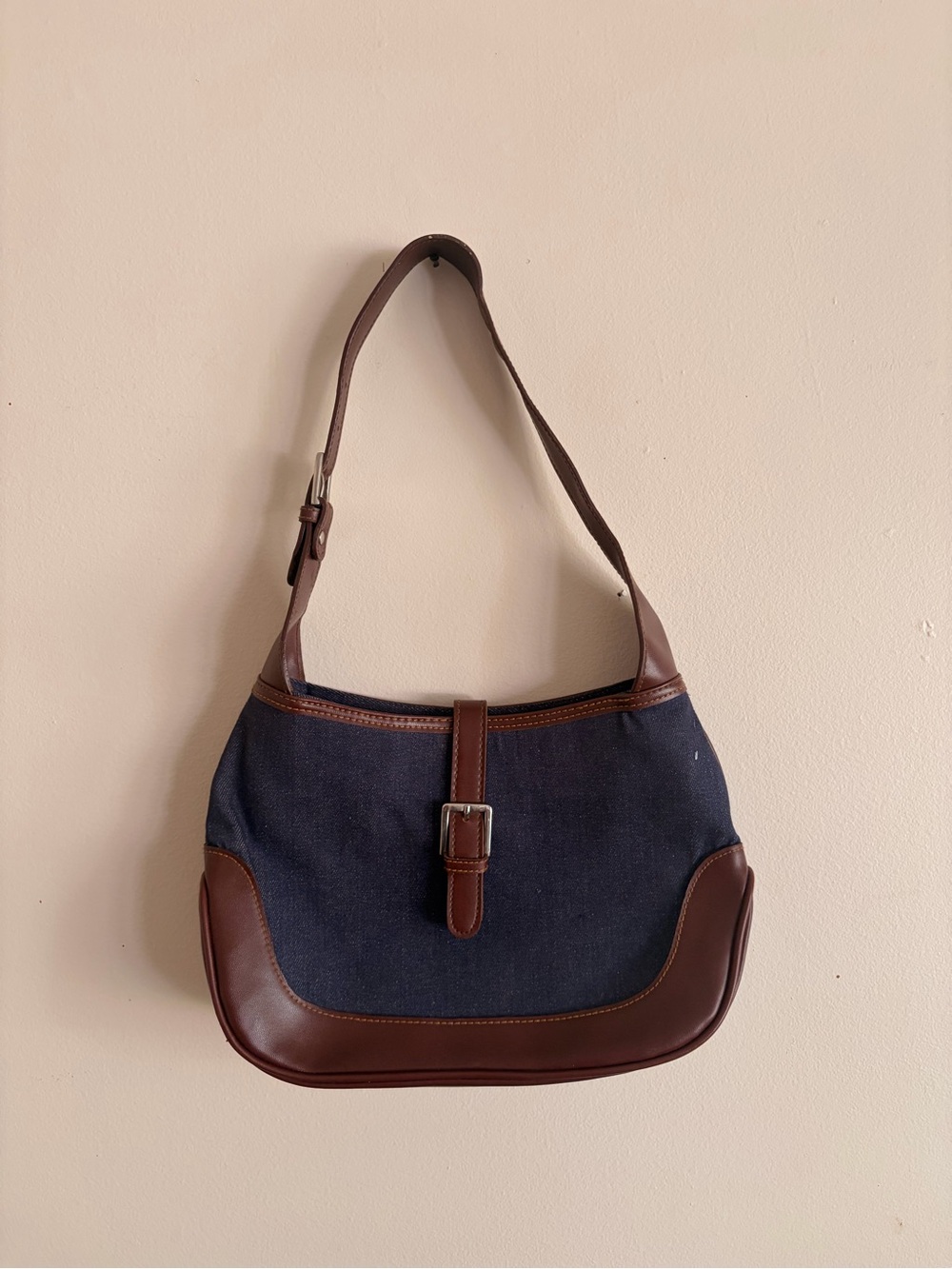 Denim and Brown Leather Jackie Shoulder Bag